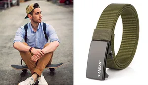 Detail of olive green nylon woven belt with a matte black automatic buckle for men