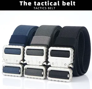 Nylon tactical belts in blue, grey, and black with heavy duty alloy quick release buckles