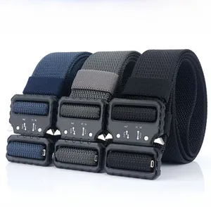 Tactical nylon belts in navy, grey, and black with metal quick-release buckles
