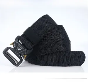 Detail of high-strength nylon tactical belt with thick woven texture and metal buckle