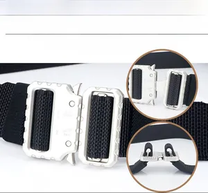 Close-up of tactical nylon belt with silver quick-release buckle and 3KN load-bearing detail