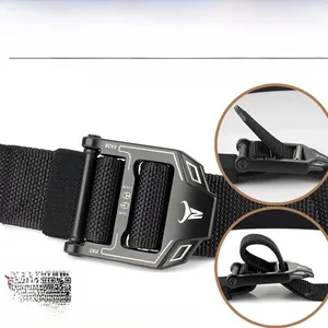 Tactical nylon belt with quick-release metal cobra buckle and detailed closing mechanism