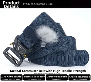 Detail of navy nylon tactical belt featuring breathable weave and zinc alloy buckle