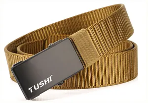 Detailed close-up of khaki nylon woven belt with a matte black automatic metal buckle