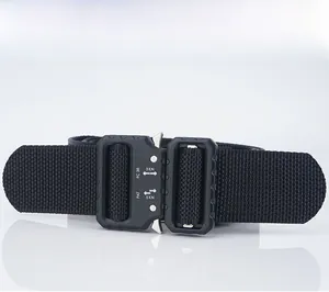 Detail of heavy duty metal quick release buckle on black tactical outdoor training belt