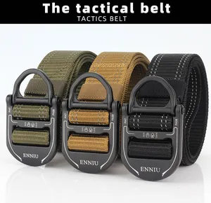 Detail of three heavy-duty nylon tactical belts with quick-release metal alloy buckles