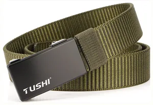 Detail of army green nylon tactical belt with matte black buckle and logo