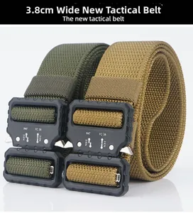 Close-up of military green and tan 3.8cm tactical nylon belts with heavy duty metal buckles