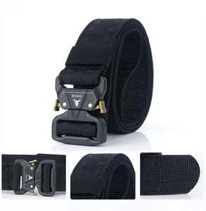 Close-up of tactical nylon belt with quick-release metal buckle and ENNIU branding
