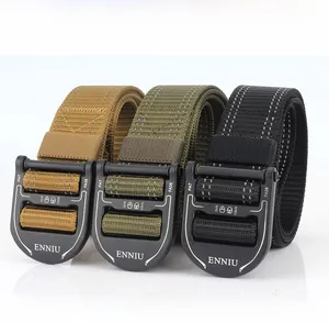Detailed close-up of quick-release alloy buckles on nylon tactical belts in three colors