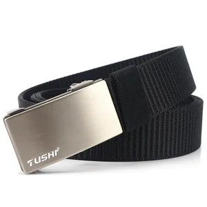 Close-up of a men's nylon belt with brushed silver metal automatic buckle and logo