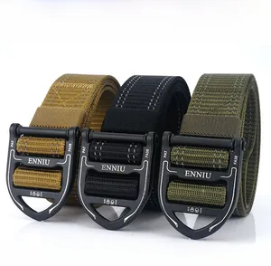 Detailed close-up of quick-release alloy buckles on nylon tactical belts in three colors