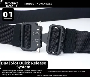 Macro shot of tactical belt zinc alloy quick-release buckle with 3KN/5KN load specs