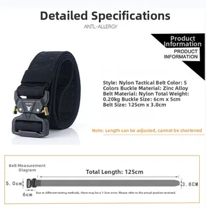 Tactical nylon belt specs: 125cm length, 3.8cm width, durable quick-release buckle
