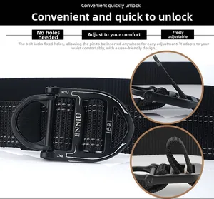 Tactical nylon belt detail showing quick-release alloy buckle and durable texture