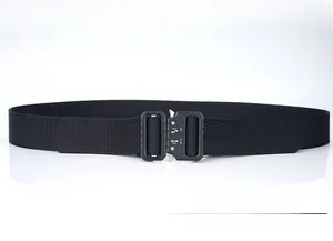 Close-up of a black tactical nylon belt featuring a quick-release metal Cobra buckle