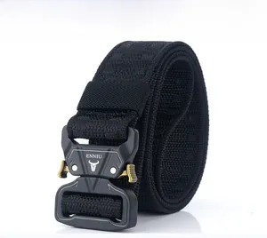 Detailed close-up of the black tactical nylon belt featuring a sturdy metal quick release buckle