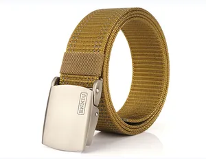 Close-up of tactical nylon belt with matte metal buckle and reinforced texture