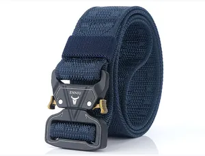 Detail of navy nylon tactical belt featuring quick-release metal buckle with golden lever