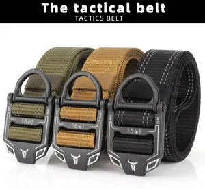Detail of tactical nylon belts in green, tan, and black with heavy-duty metal quick-release buckles