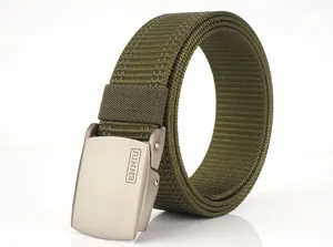 Close-up of military green nylon tactical belt with a brushed silver metal buckle