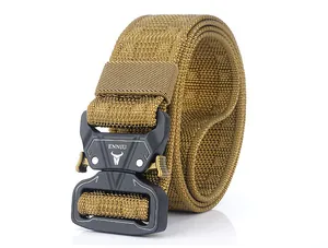 Detail of tan tactical nylon belt featuring heavy-duty quick release metal buckle