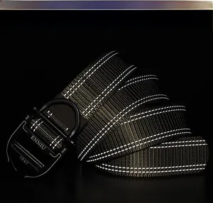 Close-up of tactical belt olive nylon webbing with reflective stripes and metal buckle