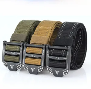 Three-pack tactical nylon belts in olive, tan, and black with zinc alloy quick release buckles