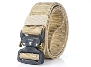Macro shot of khaki nylon tactical belt with a black quick-release metal buckle