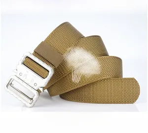Close-up of tactical nylon belt with silver zinc alloy quick-release cobra buckle
