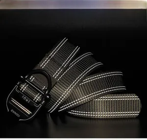 Detail of tactical nylon belt showing reflective stitching and heavy duty alloy buckle