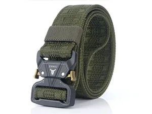 Detail of army green tactical nylon belt with heavy-duty black matte metal quick release buckle