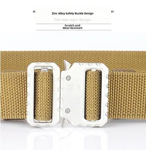 Close-up of zinc alloy safety buckle and durable nylon tactical belt for men