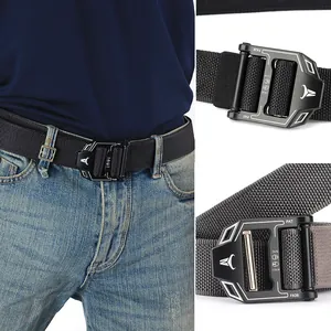 Detail of tactical nylon belt showing heavy-duty metal quick release buckle with FA38 laser engraving