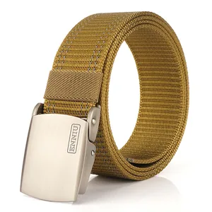 Khaki tactical nylon belt with reflective stitching and matte metal buckle for outdoor wear