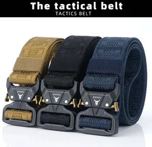 Three colors of tactical nylon belts showing alloy buckles in black, tan and navy blue