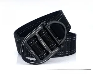 Close-up of tactical nylon belt with alloy quick release buckle and reflective stitching