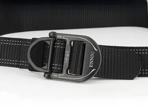 Macro shot of quick release metal buckle with 15KN tactical nylon belt webbing detail