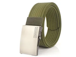 Close-up of olive green nylon tactical belt with a brushed metal automatic buckle
