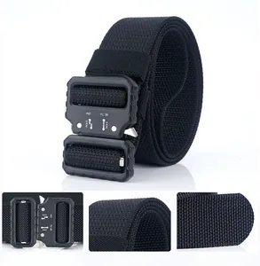 Detail of heavy-duty nylon tactical belt featuring quick-release cobra style metal buckle