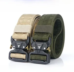 Detail of nylon tactical belts with quick-release metal buckles in khaki and olive green