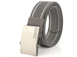 Detail of grey nylon canvas belt with double white stripes and brushed metal buckle