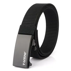 Men's nylon belt with matte black automatic buckle and durable woven strap in black finish