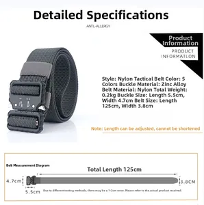 Tactical nylon belt specs: 125cm length, 3.8cm width with zinc alloy buckle detail