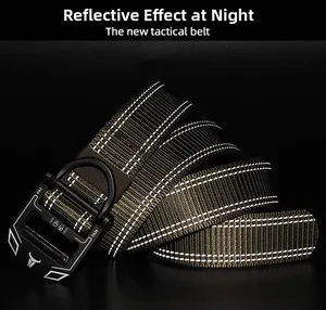 Macro view of reflective nylon tactical belt with quick-release metal buckle and D-ring