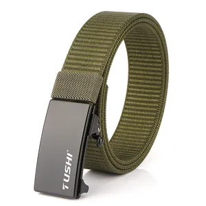 Detailed close-up of army green nylon tactical belt with matte black automatic metal buckle