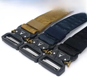 Detail view of khaki, navy and black tactical belts with metallic quick-release buckles