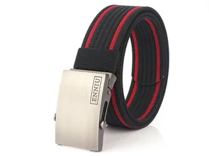 Close-up of a brushed metal buckle on a red and black striped nylon tactical belt