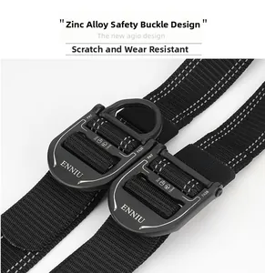 Detail of black tactical belt with quick release zinc alloy buckle and 3kN load rating