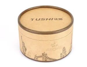 Boîte cadeau cylindrique en papier kraft avec illustrations de monuments mondiaux
